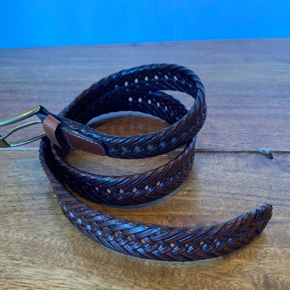 Men's Brown Herringbone‎ Leather Trim Belt Size 36 Classic Basic Brushed Gold